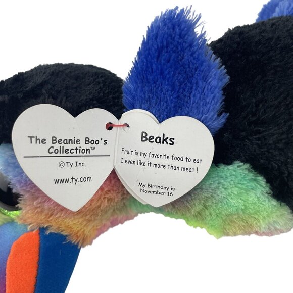 Ty Beanie Boos Beaks Toucan Bird 7" Plush Stuffed Toy Green Glitter Eyes w/Tags - Picture 8 of 9